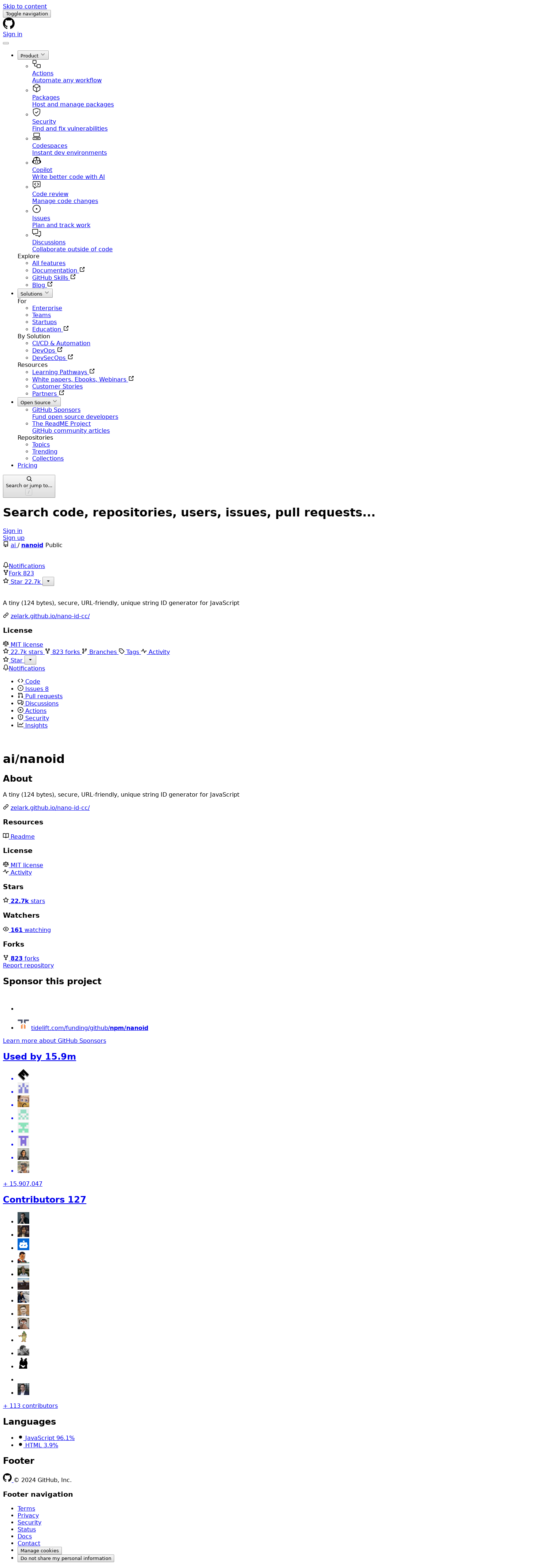 ai/nanoid: A tiny (124 bytes), secure, URL-friendly, unique string ID generator for JavaScript
